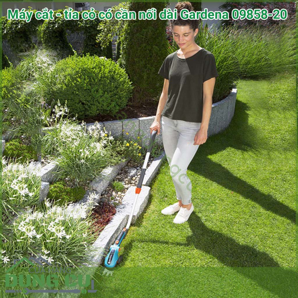 Máy cắt tỉa cỏ có cần nối dài sử dụng oin Li-ion công nghệ sạc nhanh sạc đầy trong 3,5h sử dụng liên tục 90p.có thanh nối dài để có thể cắt tỉa hàng rào.
