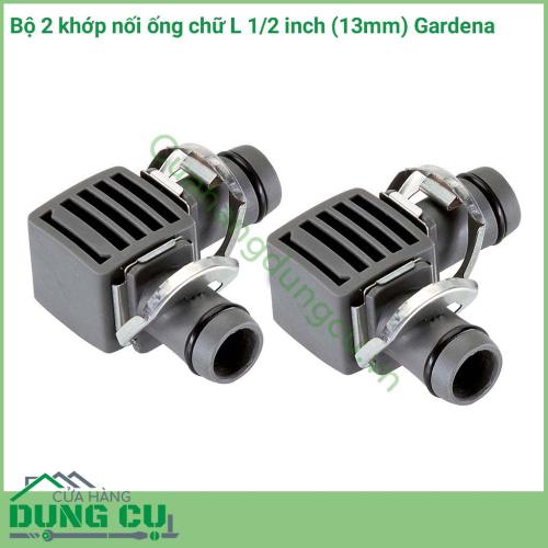 Bộ 2 khớp nối ống chữ L 1/2 inch (13mm) là một loại cút nối nằm trong hệ thống tưới nhỏ giọt của Gardena. Sử dụng để đi đường ống chính qua các góc của giàn tưới. Tiện cho việc cấp nước của hệ thống dây dẫn.