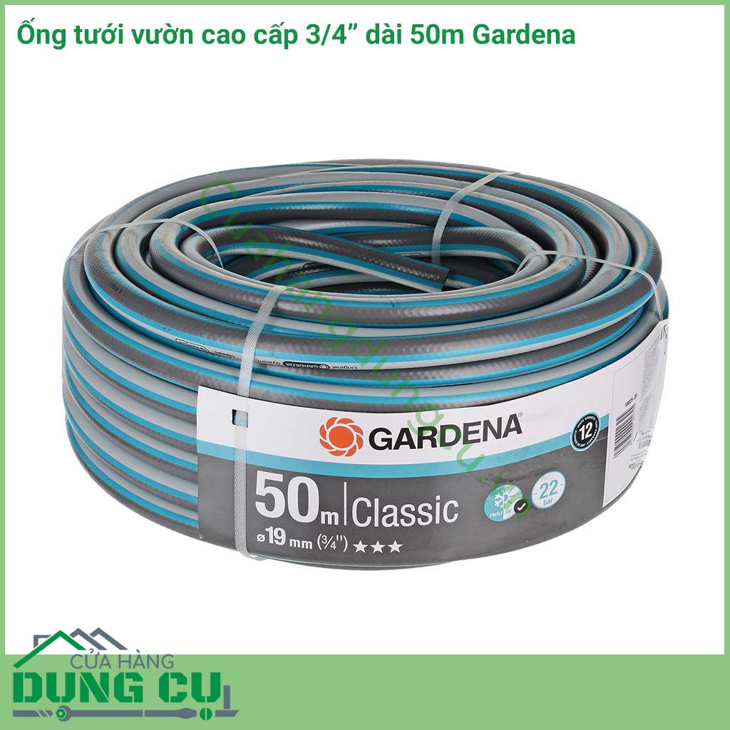 Dây Ống tưới vườn Gardena là ống dây dẫn nước có chiều dài 50m với đường kính ống 19mm đem đến sự bền bỉ, chắc chắn cho người sử dụng. Ống dây Gardena sử dụng vật liệu chất lượng cao, ít bị ảnh hưởng tia UV, chịu được áp lực 22 bar (22kg)