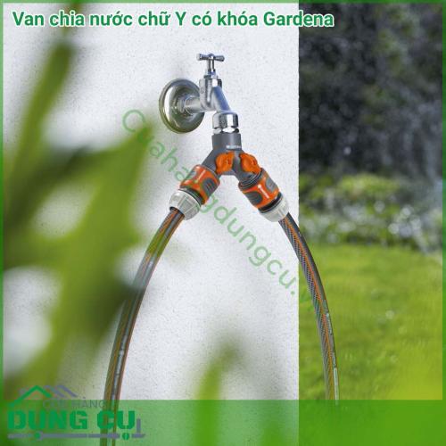 Van chia nước chữ y có khóa Gardena giúp chia nguồn nước cấp thành hai đường riêng biệt cấp nước cho hai khu vực cùng một thời điểm. Giúp thiết bị tưới của bạn hoạt động dễ dàng với thiết kế kết nối nhanh thông minh.