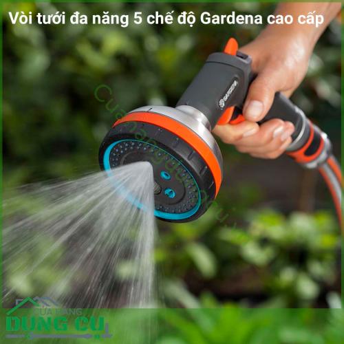Vòi tưới 5 chế độ đa năng Gardena được làm bằng kim loại tạo nên sự chắc chắn và thoải mái khi sử dụng. Súng phun với 5 chức năng tưới khác nhau giúp cho người sử dụng dễ dàng lựa chọn chế độ tưới thích hợp cho từng loại cây trồng.