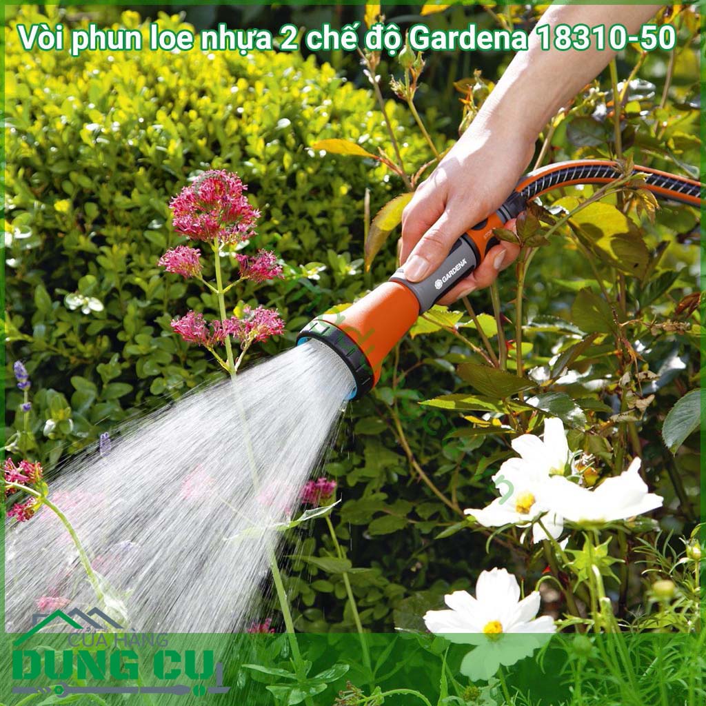 Vòi phun loe 2 chế độ gardena được thiết kế để có thể điều chỉnh 2 chế độ phun từ phun tia sang phun chùm, từ tốc độ phun mạnh đến nhẹ, phù hợp với tưới đa dạng loại cây/ hoa.