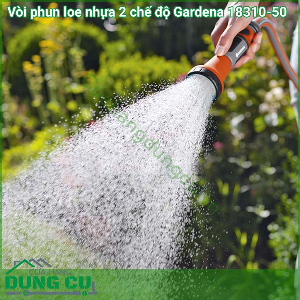 Vòi phun loe 2 chế độ gardena được thiết kế để có thể điều chỉnh 2 chế độ phun từ phun tia sang phun chùm, từ tốc độ phun mạnh đến nhẹ, phù hợp với tưới đa dạng loại cây/ hoa.