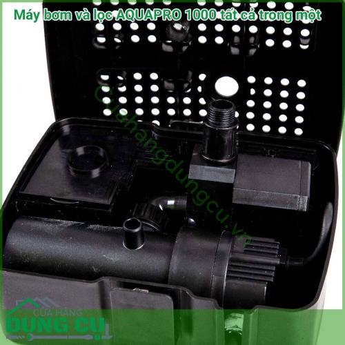 Máy bơm và lọc AQUAPRO 1000 sử dụng điện áp thấp an toàn cho người sử dụng. Công suất tiêu thụ 72w tiết kiệm điện. Tích hợp bộ lọc bằng đèn UV, lọc sinh học Bio media và lọc bọt biển.
