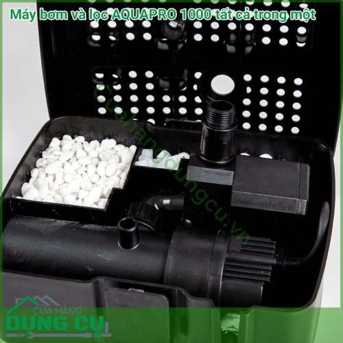 Máy bơm và lọc AQUAPRO 1000 sử dụng điện áp thấp an toàn cho người sử dụng. Công suất tiêu thụ 72w tiết kiệm điện. Tích hợp bộ lọc bằng đèn UV, lọc sinh học Bio media và lọc bọt biển.