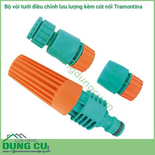 Bộ vòi tưới điều chỉnh lưu lượng đi kèm cút nối Tramontina nhỏ gọn, dễ dàng sử dụng phù hợp tưới cây cảnh quan tại nhà, với việc điều chỉnh lưu lượng đầu vòi