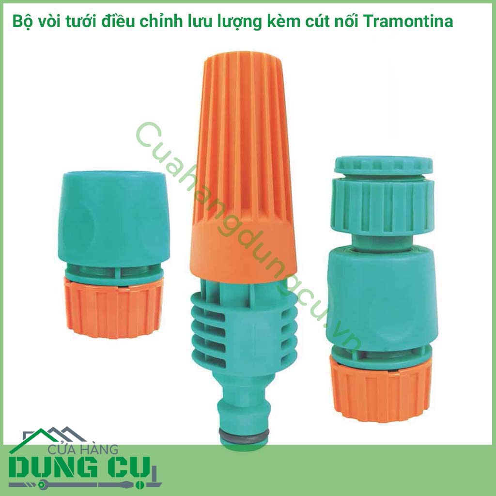 Bộ vòi tưới điều chỉnh lưu lượng đi kèm cút nối Tramontina nhỏ gọn, dễ dàng sử dụng phù hợp tưới cây cảnh quan tại nhà, với việc điều chỉnh lưu lượng đầu vòi