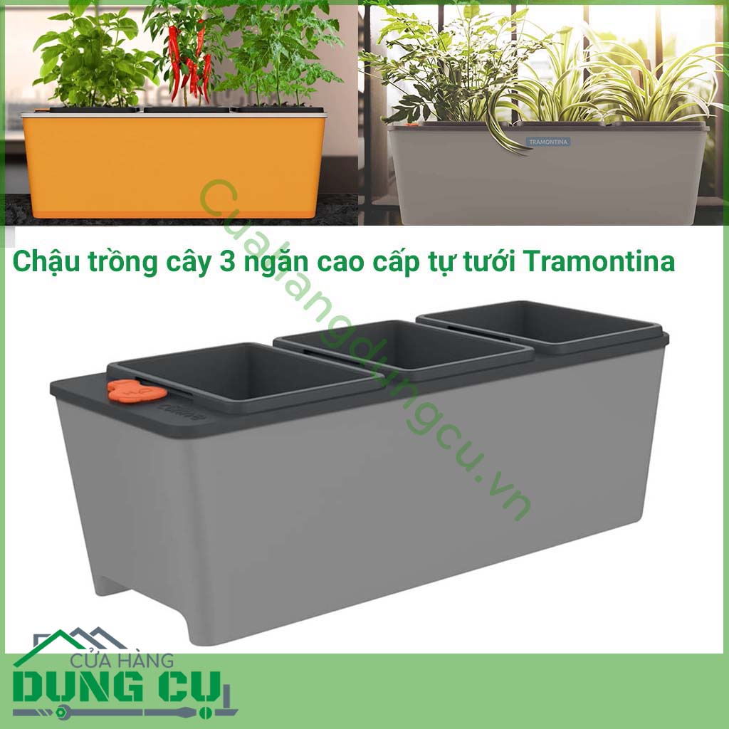 Chậu cây tự tưới 3 ngăn được sản xuất tại Brazil thuộc thương hiệu Tramontina. Sản phẩm được làm bằng chất liệu nhựa cao cấp, độ bền cao, nhỏ gọn và có chế độ tự tưới cao cấp.