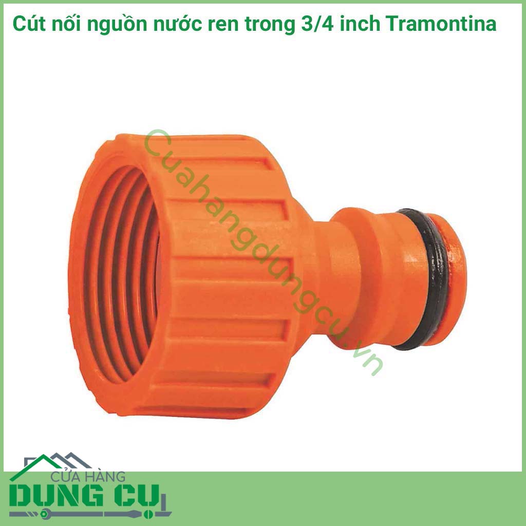 Cút nối nguồn nước ren trong 3/4" Tramontina giúp kết nối giữa đầu vòi nguồn và ống dẫn tưới 3/4" một cách chắc chắn, không gỉ