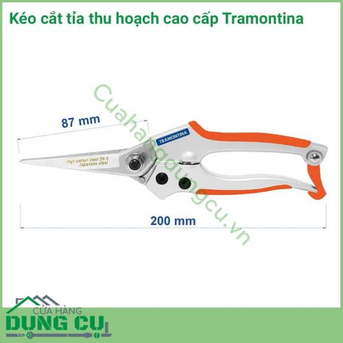 Kéo cắt tỉa thu hoạch cao cấp Tramontina lưỡi kéo được làm từ thép carbon cường độ cao, cung cấp độ bền cho cạnh, cũng như cắt chính xác và trơn tru hơn.