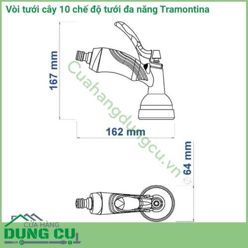 Vòi tưới cây 10 chế độ Tramontina được sản xuất với chất liệu chất lượng cao dùng cho tưới cây. Dùng để tưới vườn, phun xịt rửa xe và tưới rau rất tiện lợi. Có thiết kế đẹp mắt, thông minh rất dễ cầm nắm và kết nối hay tháo lắp với ống tưới, nguồn nước.