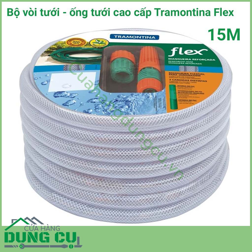 Trọn bộ ống tưới - vòi tưới cao cấp Tramontina Flex được sản xuất tại Brazil thuộc thương hiệu Tramontina ống tưới dài 10m độ dài ống vừa phải đặc biệt thích hợp cho bạn dùng tưới vườn, tưới cảnh quan