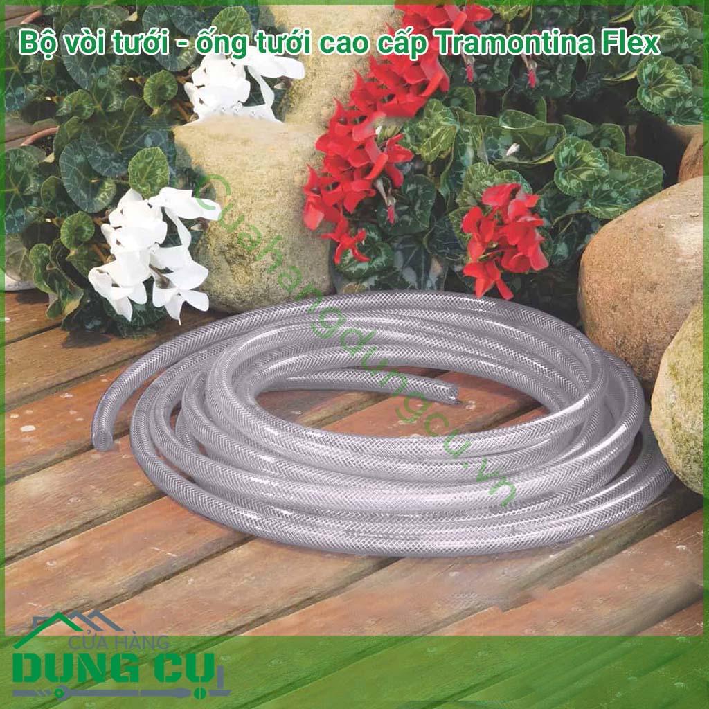 Trọn bộ ống tưới - vòi tưới cao cấp Tramontina Flex được sản xuất tại Brazil thuộc thương hiệu Tramontina ống tưới dài 10m độ dài ống vừa phải đặc biệt thích hợp cho bạn dùng tưới vườn, tưới cảnh quan
